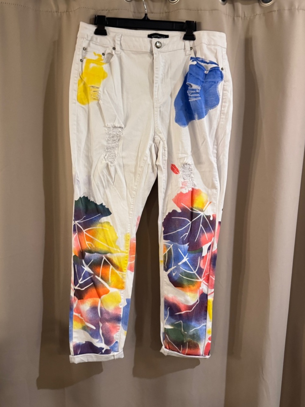 NWT Ashley Stewart White Denim Jeans with Multicolor Paint Accents